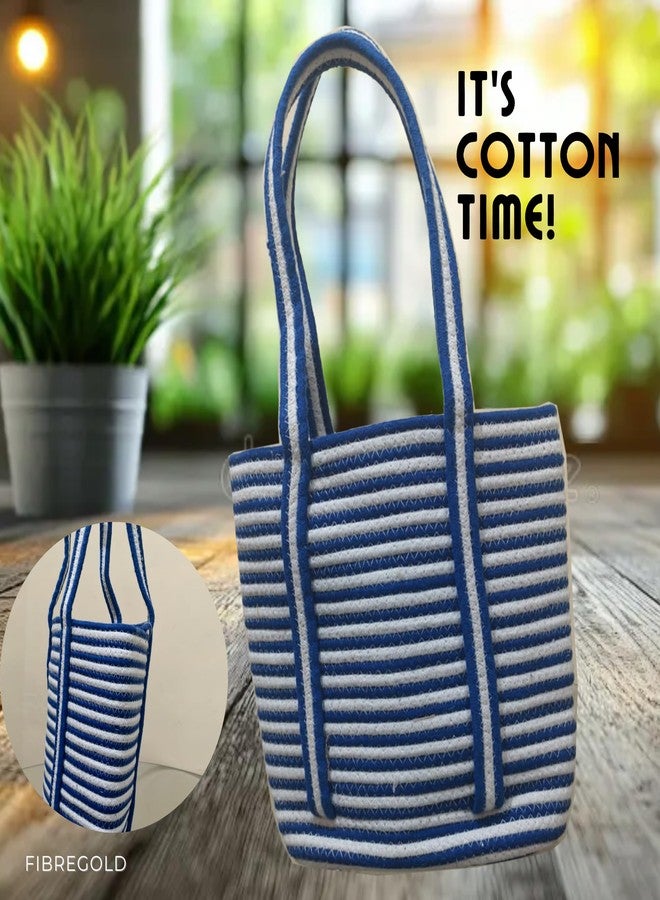 FIBREGOLD blue and white striped cotton tote bag | spacious shoulder handbag for women | multipurpose travel, beach, and shopping bag with long handles - Image 4